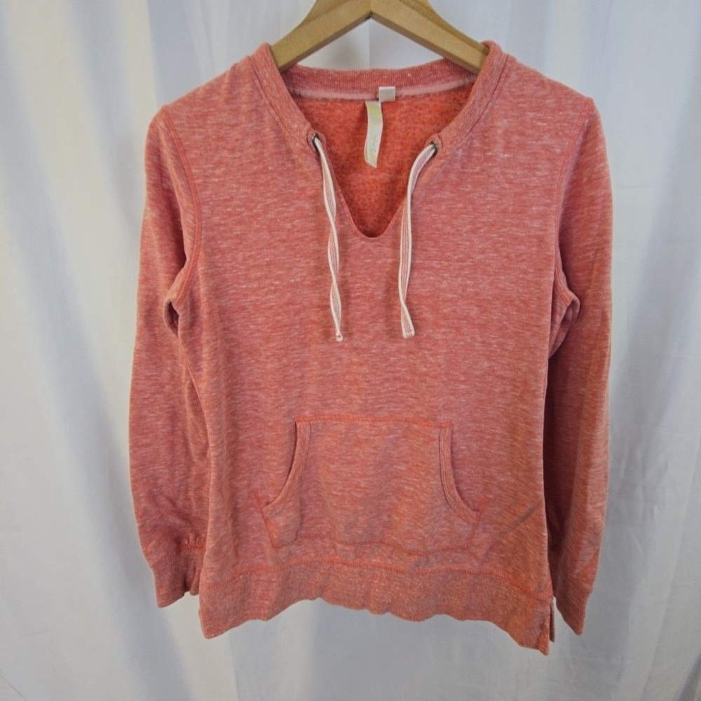 Green Tea Sweatshirt Womens Medium Pink Fleece V Neck Drawstring Kangaroo Pocket